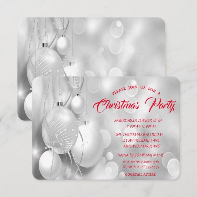 Silver Christmas Balls Company Christmas Party Invitation (Front/Back)