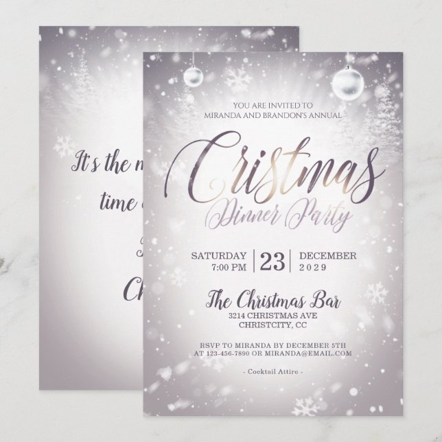 Silver Christmas Baubles Christmas Dinner Party Invitation (Front/Back)