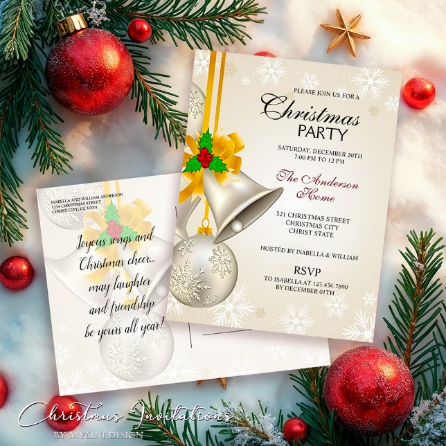 Silver Christmas Bells and Balls Christmas Party Invitation Postcard (Creator Uploaded)