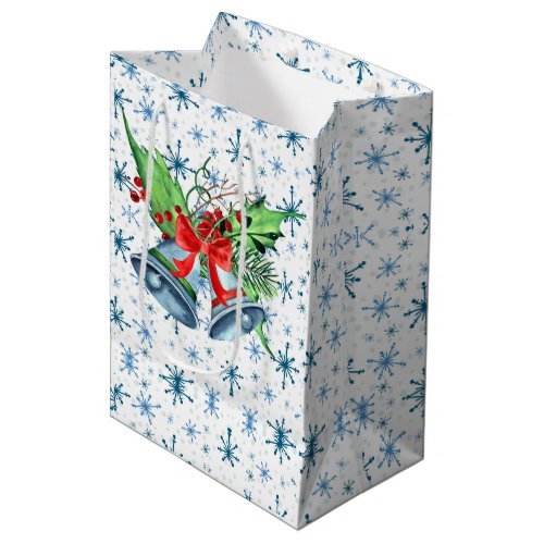 Silver Christmas Bells Holly and Blue Snowflakes Medium Gift Bag