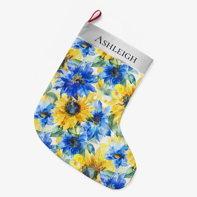 Silver Christmas Blue Yellow Flowers Large Christmas Stocking (Front (Hanging))