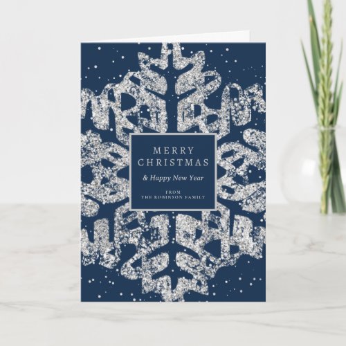 Silver Christmas Glitter Snowflake Corporate Navy  Holiday Card