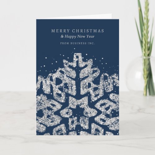 Silver Christmas Glitter Snowflake Corporate Navy Holiday Card