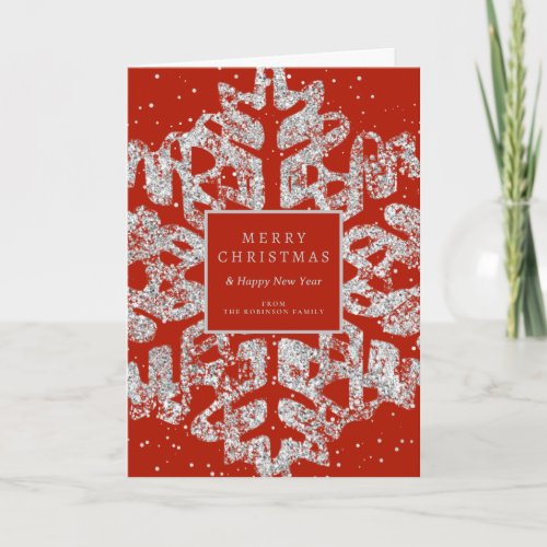 Silver Christmas Glitter Snowflake Corporate Red  Holiday Card