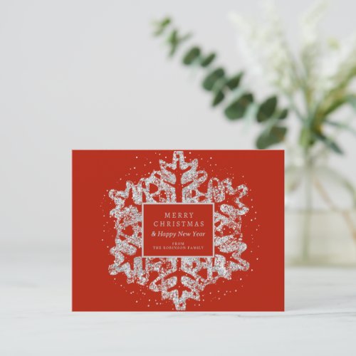 Silver Christmas Glitter Snowflake Corporate Red  Holiday Postcard