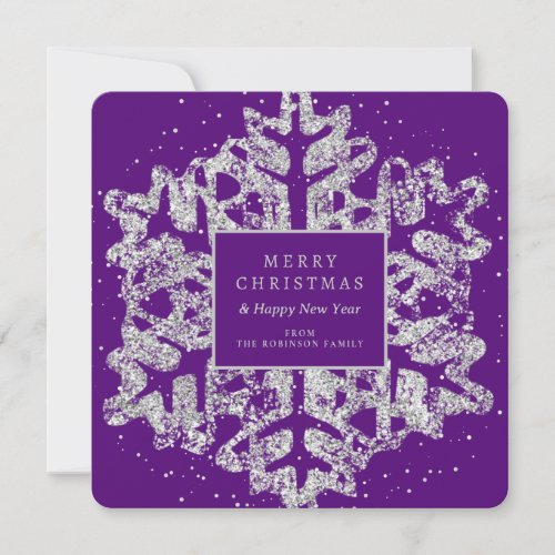 Silver Christmas Glitter Snowflake Family Purple  Holiday Card