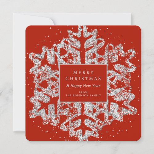 Silver Christmas Glitter Snowflake Family Red  Holiday Card