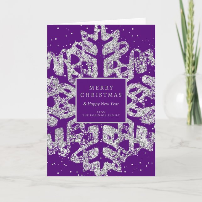 Silver Christmas Glitter Snowflake Purple  Holiday Card (Front)