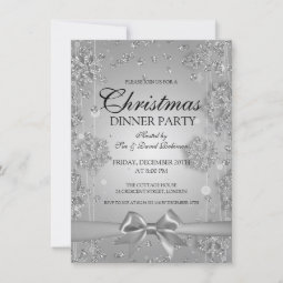 Silver Christmas Party Glitter Winter Bow Invitation | Zazzle