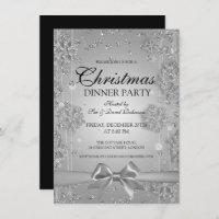 Silver Christmas Party Glitter Winter Bow Invitation