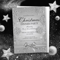 Silver Christmas Party Glitter Winter Bow Invitation