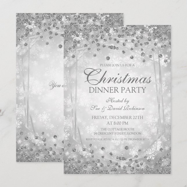 Silver Christmas Party Glitter Winter Glam Invitation (Front/Back)