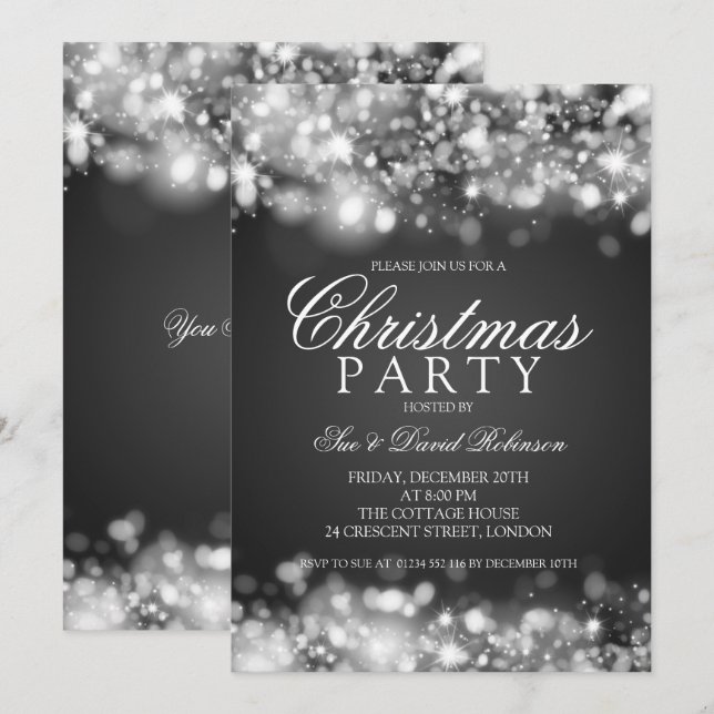 Silver Christmas Party Sparkling Lights Invitation (Front/Back)