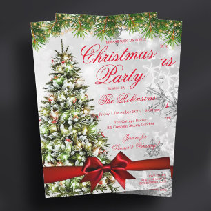 Silver Christmas Party Xmas Tree Lights & Ribbon Invitation