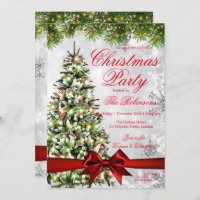 Silver Christmas Party | Xmas Tree Lights & Ribbon Invitation