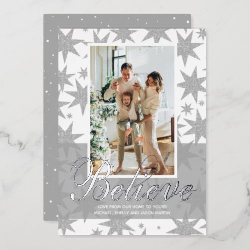 Silver Christmas Photo Believe Foil Holiday Card