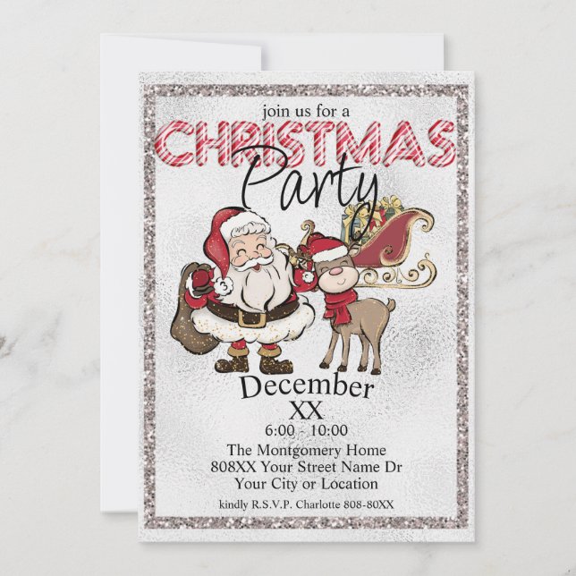 Silver Christmas Santa & Rudolph the Reindeer Invitation (Front)