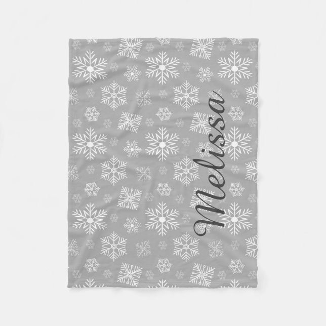 Silver Christmas Snowflakes Personalized Name Fleece Blanket (Front)