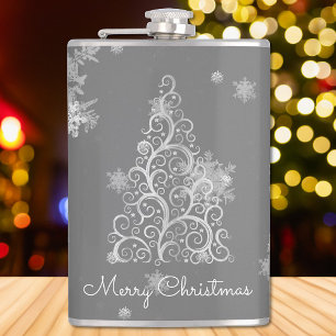 Silver Christmas Tree and Snowflakes Flask