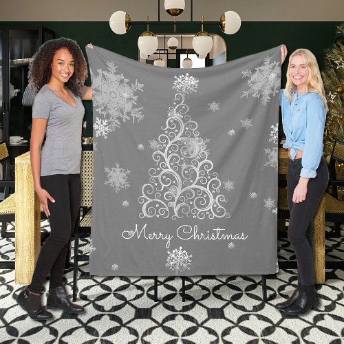 Silver Christmas Tree and Snowflakes  Fleece Blanket