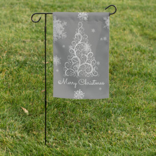 Silver Christmas Tree and Snowflakes Garden Flag