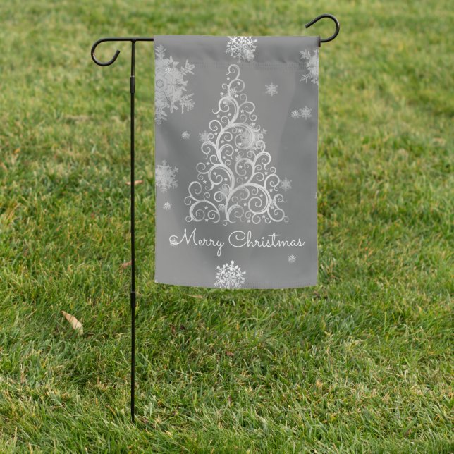 Silver Christmas Tree and Snowflakes Garden Flag (In SItu)
