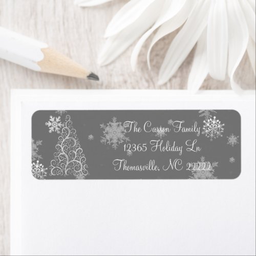 Silver Christmas Tree and Snowflakes Label