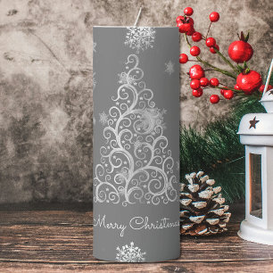 Silver Christmas Tree and Snowflakes Large Pillar Candle