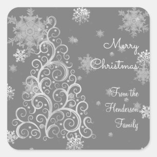Silver Christmas Tree and Snowflakes Sticker