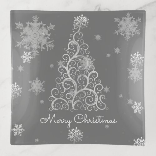 Silver Christmas Tree and Snowflakes Trinket Tray