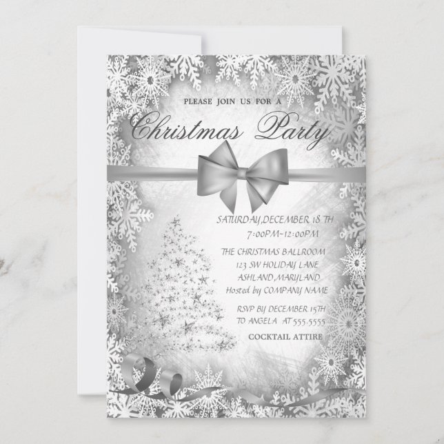 Silver Christmas Tree ,Bow Gray Christmas Party Invitation (Front)
