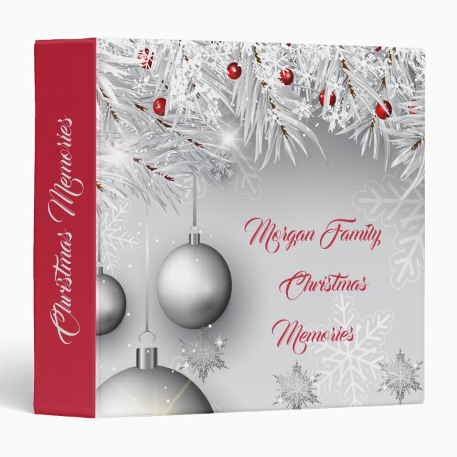 Silver Christmas Tree Branches, Balls, Snowflakes 3 Ring Binder (Front/Spine)