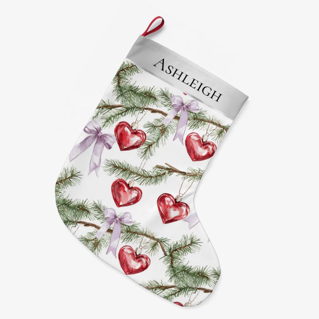 Silver Christmas Tree Branches Purple Bows Hearts Large Christmas Stocking (Front (Hanging))