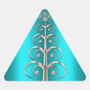 Silver Christmas Tree on Aqua Triangle Sticker