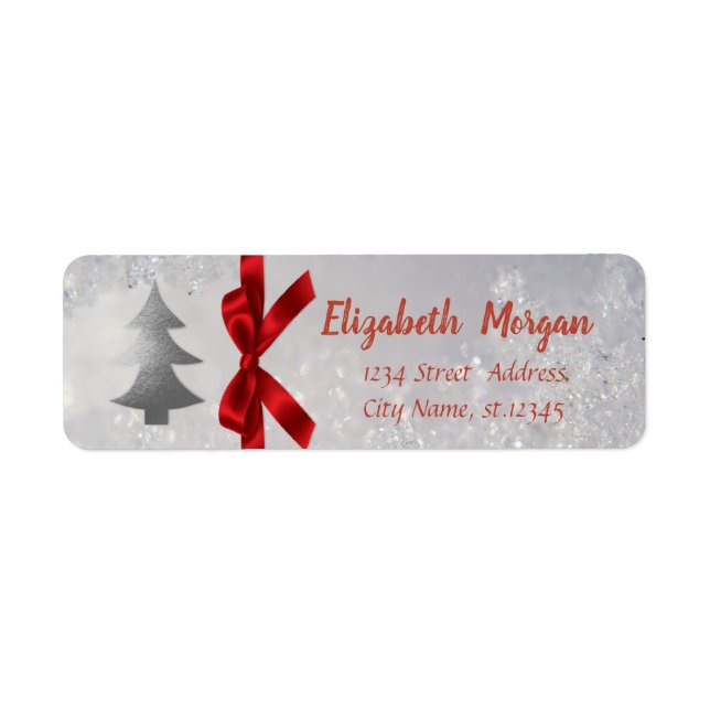 Silver Christmas Tree, Red Bow, Holiday Label (Front)