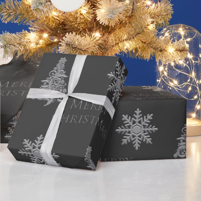 Silver Christmas Tree Snowflake on Charcoal Gray  Wrapping Paper (Holidays)