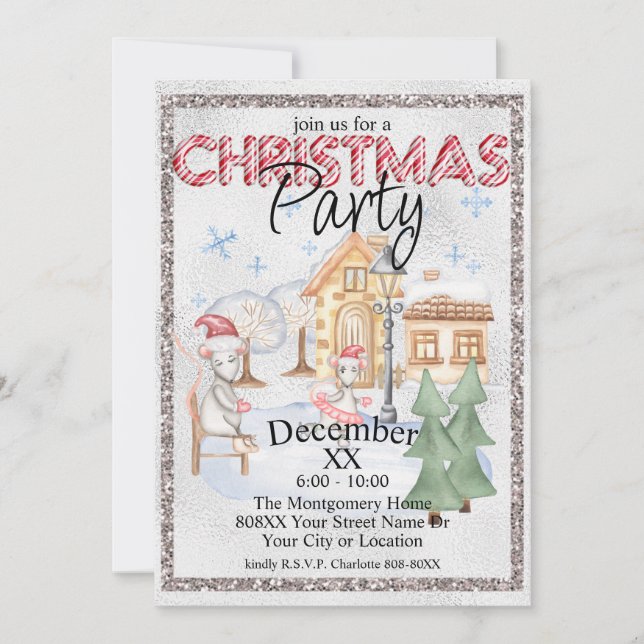 Silver Christmas Watercolor Winter Rats Skating Invitation (Front)