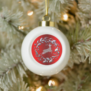 Silver Christmas Wreath and Reindeer Ceramic Ball Christmas Ornament