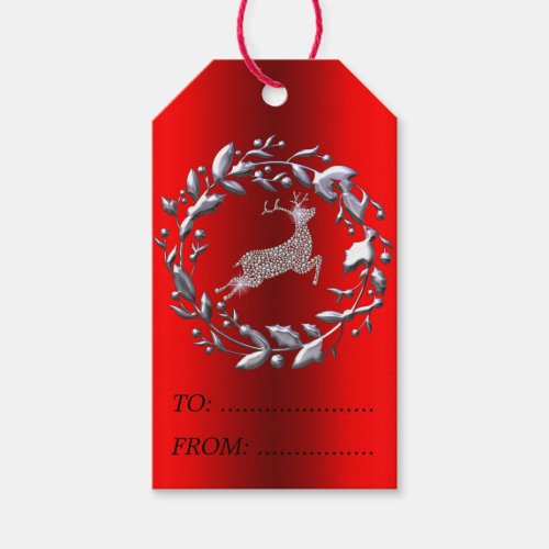 Silver Christmas Wreath and Reindeer Gift Tags