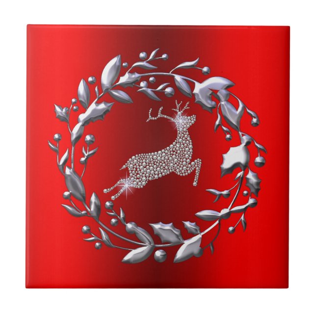 Silver Christmas Wreath and Reindeer Tile (Front)