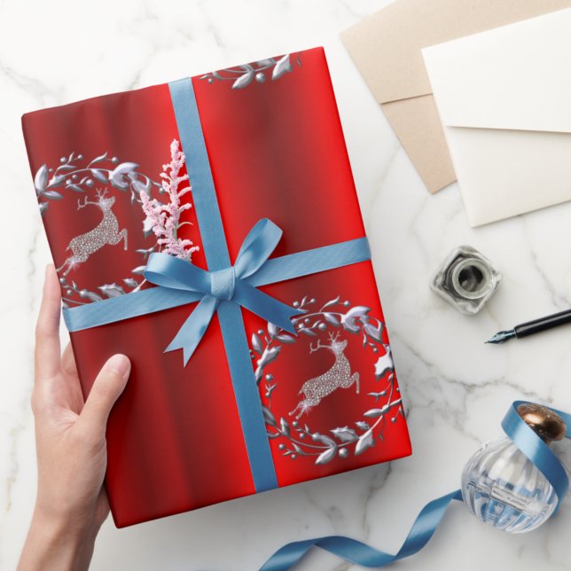 Silver Christmas Wreath and Reindeer Wrapping Paper (Creator Uploaded)