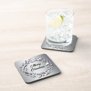Silver Christmas Wreath Beverage Coaster