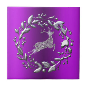 Silver Christmas Wreath, Reindeer Purple Christmas Ceramic Tile
