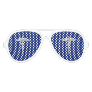 Silver Chrome Caduceus Medical Symbol on Navy Blue Aviator Sunglasses