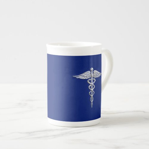 Silver Chrome Caduceus Medical Symbol on Navy Blue Bone China Mug
