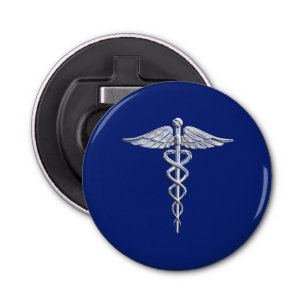 Silver Chrome Caduceus Medical Symbol on Navy Blue Bottle Opener