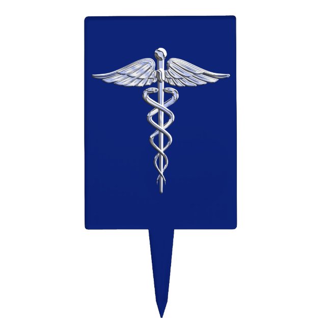 Silver Chrome Caduceus Medical Symbol on Navy Blue Cake Topper (Front)
