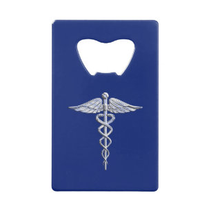 Silver Chrome Caduceus Medical Symbol on Navy Blue Credit Card Bottle Opener