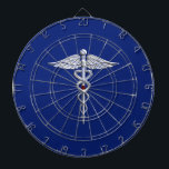 Silver Chrome Caduceus Medical Symbol on Navy Blue Dartboard<br><div class="desc">The Symbolic Silver Chrome Like Caduceus Medical Symbol design presented here on a navy blue decor. The caduceus snakes is designed to look like it is made of chrome. Good for a graduation occasion, a statement for your profession, or for a gift with that medical look your are looking for....</div>