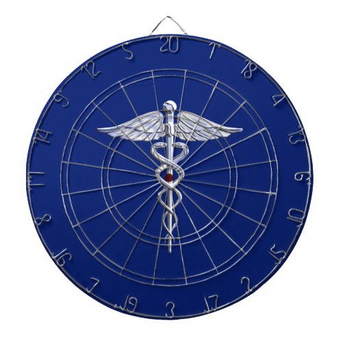 Silver Chrome Caduceus Medical Symbol on Navy Blue Dartboard